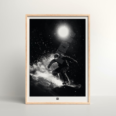 Schwarz-Weiß-Foto eines Snowboarders im Pulverschnee. Design-Wandposter von snow für moderne Innendekoration. Schwarz-Weiß-Foto eines Snowboarders im Pulverschnee. Design-Wandposter von snow für moderne Innendekoration.