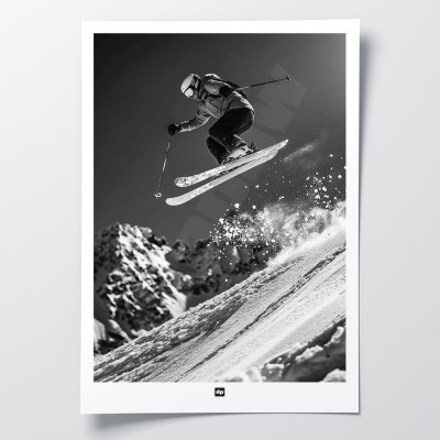Skifahrer beim Sprung in den Pulverschnee, dynamisches Schwarzweißfoto für Design-Wanddekoration