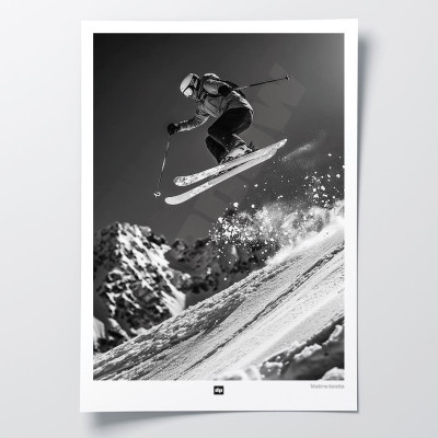 Skifahrer beim Sprung in den Pulverschnee, dynamisches Schwarzweißfoto für Design-Wanddekoration