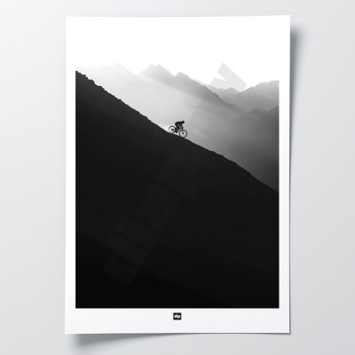 Black and white photo of a mountain bike ride. Design wall poster for modern decor.