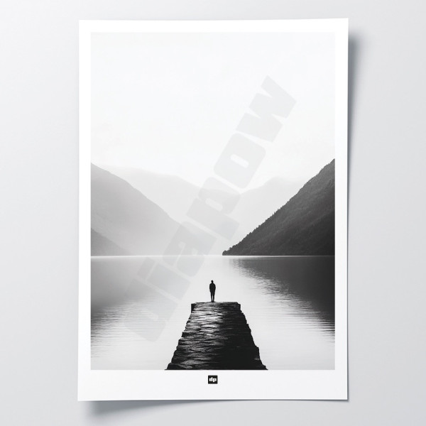 Schwarz-Weiß-Foto von einem Steg an einem See zwischen den Bergen. Design-Wandposter für moderne Dekoration.