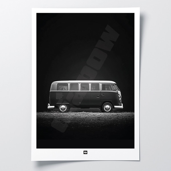 Photo noir et blanc d'un van pour road trip. Affiche murale design pour décoration intérieure moderne.