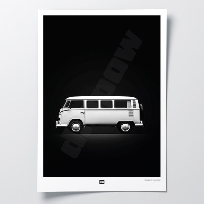Black and white photo of a van for a road trip. Design wall poster for modern interior decoration.