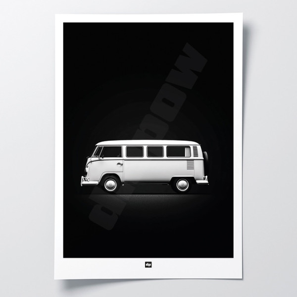 Black and white photo of a van for a road trip. Design wall poster for modern interior decoration.