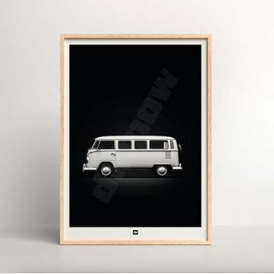 Black and white photo of a van for a road trip. Design wall poster for modern interior decoration.