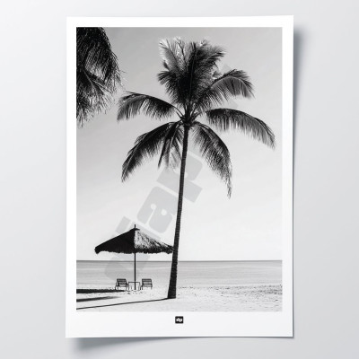 Design wall poster in black and white of a moment of idleness between palm trees, beach and parasol. Design wall poster. Design wall poster in black and white of a moment of idleness between palm trees, beach and parasol. Design wall poster.