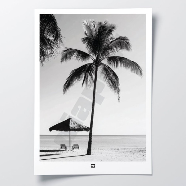 Design wall poster in black and white of a moment of idleness between palm trees, beach and parasol. Design wall poster.