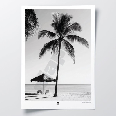 Design wall poster in black and white of a moment of idleness between palm trees, beach and parasol. Design wall poster. Design wall poster in black and white of a moment of idleness between palm trees, beach and parasol. Design wall poster.