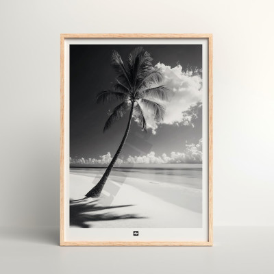 Schwarz-Weiß-Foto von einem paradiesischen Strand. Beruhigendes Design-Wandposter für moderne Innendekoration.