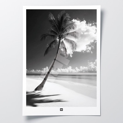 Schwarz-Weiß-Foto von einem paradiesischen Strand. Beruhigendes Design-Wandposter für moderne Innendekoration.