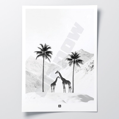 Schwarz-Weiß-Foto einer verschneiten Savanne mit Giraffen. Design-Wandposter für moderne Innendekoration. Schwarz-Weiß-Foto einer verschneiten Savanne mit Giraffen. Design-Wandposter für moderne Innendekoration.