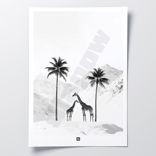 Black and white photo of a snowy savannah with giraffes. Design wall poster for modern interior decoration.