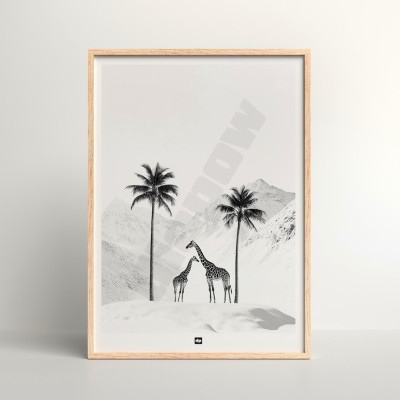 Schwarz-Weiß-Foto einer verschneiten Savanne mit Giraffen. Design-Wandposter für moderne Innendekoration. Schwarz-Weiß-Foto einer verschneiten Savanne mit Giraffen. Design-Wandposter für moderne Innendekoration.
