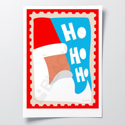 Les Timbrés Blackpeuf Father Christmas poster with ho ho ho sound effect – colourful red and blue humorous poster for decoration
