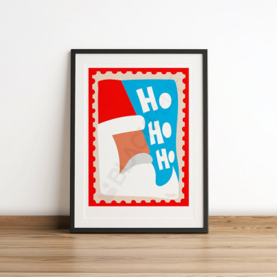 Les Timbrés Blackpeuf Father Christmas poster with ho ho ho sound effect – colourful red and blue humorous poster for decoration