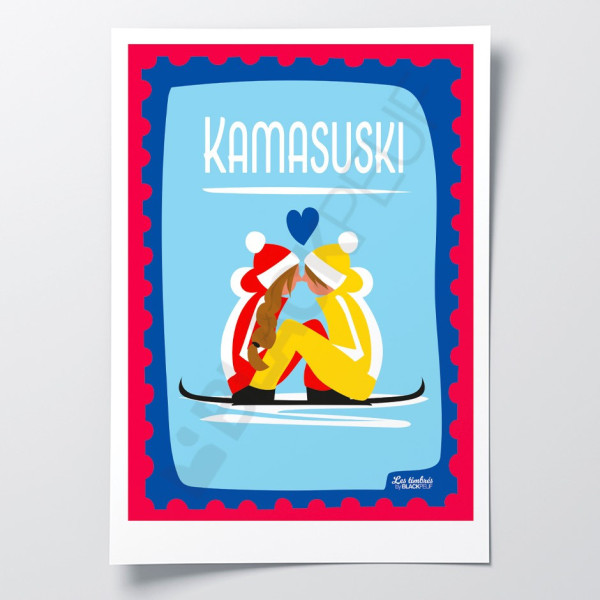 Affiche Les Timbrés Blackpeuf Kamasuski – représentant deux amoureux s’embrassant à ski, poster coloré et humoristique