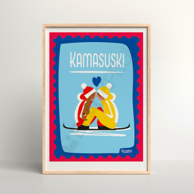 Les Timbrés Blackpeuf Kamasuski poster – depicting two lovers kissing while skiing, colourful and humorous poster