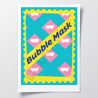 Poster Les Timbrés Blackpeuf Bubble Mask nei toni del blu, giallo e rosa – poster colorato e divertente