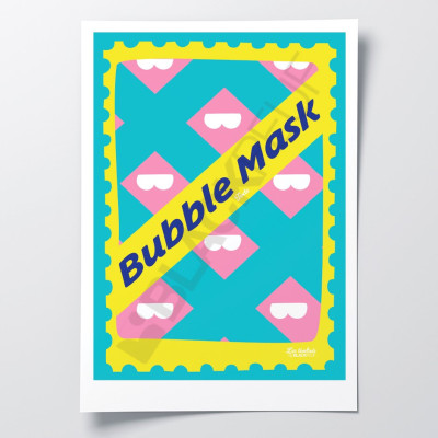 Poster Les Timbrés Blackpeuf Bubble Mask nei toni del blu, giallo e rosa – poster colorato e divertente