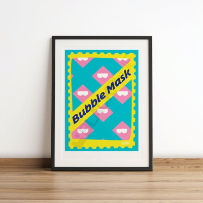 Poster Les Timbrés Blackpeuf Bubble Mask nei toni del blu, giallo e rosa – poster colorato e divertente