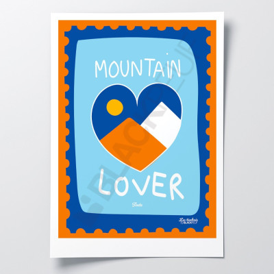 Les Timbrés Blackpeuf Mountain Lover poster – heart with mountains, colourful humorous poster