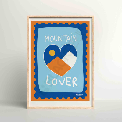 Poster Les Timbrés Blackpeuf Mountain Lover – Herz mit Bergen, farbenfrohes, humorvolles Poster