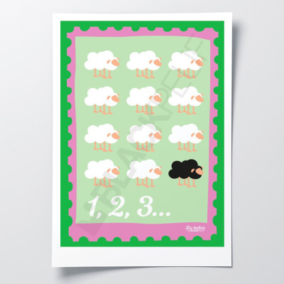 Les Timbrés Blackpeuf Mouton humorous poster on the theme of counting sheep before going to sleep
