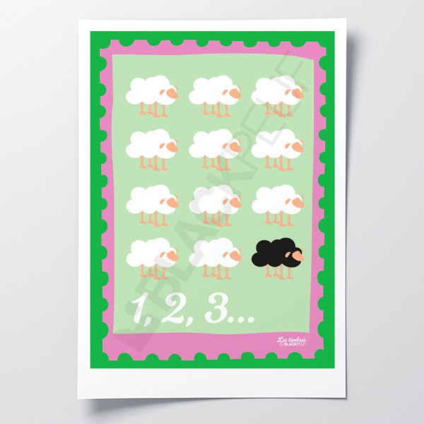 Les Timbrés Blackpeuf Mouton humorous poster on the theme of counting sheep before going to sleep