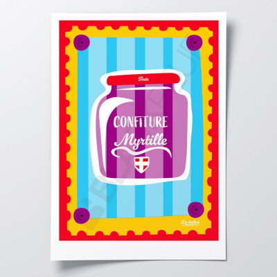 Poster Les Timbrés Blackpeuf Heidelbeerkonfitüre in Violett-, Blau- und Rottönen – farbenfrohes, humorvolles Poster