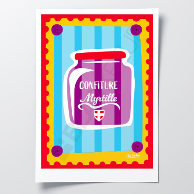 Poster Les Timbrés Blackpeuf Heidelbeerkonfitüre in Violett-, Blau- und Rottönen – farbenfrohes, humorvolles Poster