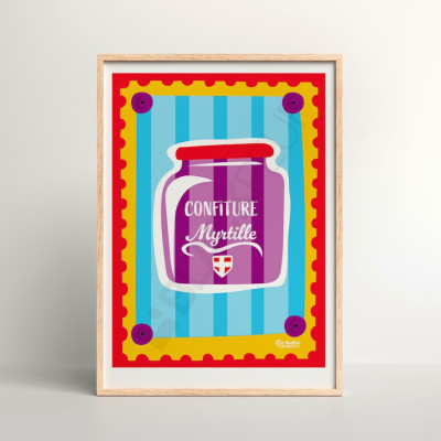Poster Les Timbrés Blackpeuf Heidelbeerkonfitüre in Violett-, Blau- und Rottönen – farbenfrohes, humorvolles Poster