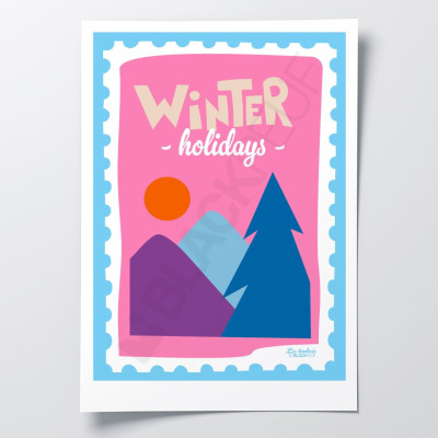 Poster Les Timbrés Blackpeuf Winter Holidays. Con montagne, abeti e sole – poster colorato