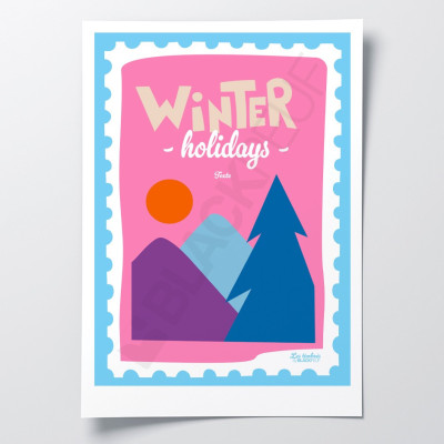 Poster Les Timbrés Blackpeuf Winter Holidays. Con montagne, abeti e sole – poster colorato