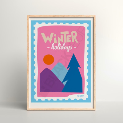 Affiche Les Timbrés Blackpeuf Winter Holidays. Avec montagnes, sapins et soleil – poster coloré pour déco originale