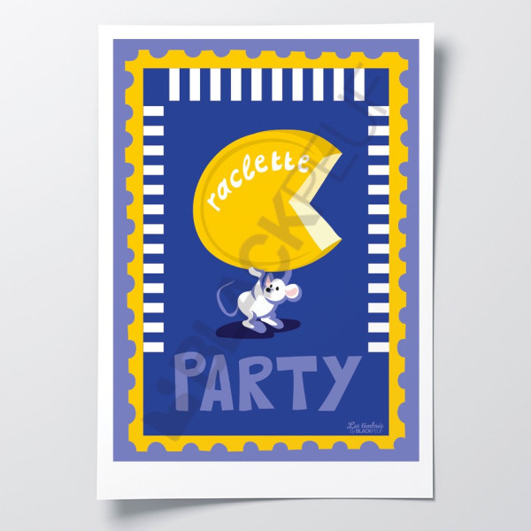 Les Timbrés Blackpeuf Raclette Party poster. Featuring a wheel of cheese and mice – colourful and humorous poster.