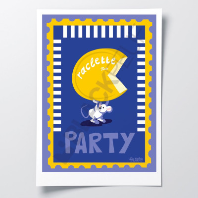 Les Timbrés Blackpeuf Raclette Party poster. Featuring a wheel of cheese and mice – colourful and humorous poster. Les Timbrés Blackpeuf Raclette Party poster. Featuring a wheel of cheese and mice – colourful and humorous poster.