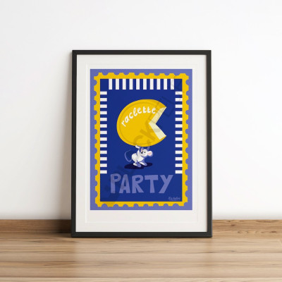Les Timbrés Blackpeuf Raclette Party poster. Featuring a wheel of cheese and mice – colourful and humorous poster. Les Timbrés Blackpeuf Raclette Party poster. Featuring a wheel of cheese and mice – colourful and humorous poster.