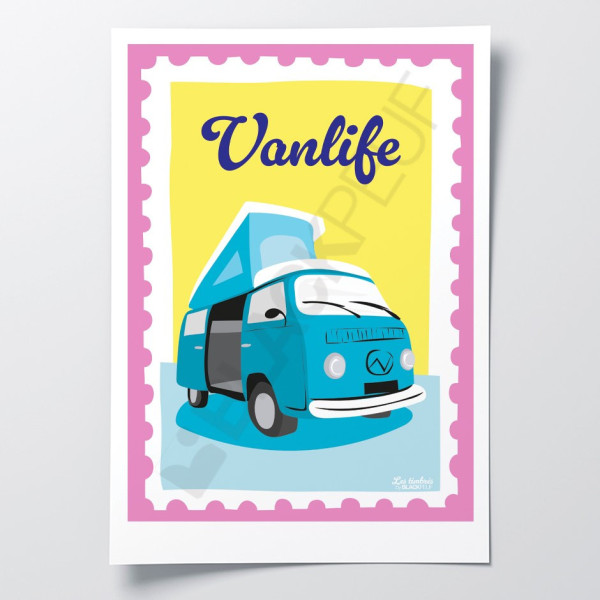 Poster Les Timbrés Blackpeuf Vanlife, nei toni del giallo, blu e rosa – poster colorato e divertente