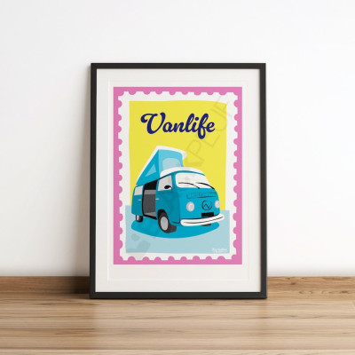 Les Timbrés Blackpeuf Vanlife poster, in shades of yellow, blue and pink – colourful and humorous poster