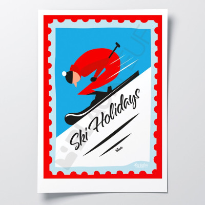 Affiche Les Timbrés Blackpeuf Ski Holidays en descente tout schuss – poster coloré humoristique pour décoration murale