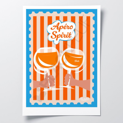 Poster „Les Timbrés Blackpeuf Apéro Spirit“ mit zwei Gläsern Alkohol, die anstoßen – farbenfrohes, humorvolles Poster
