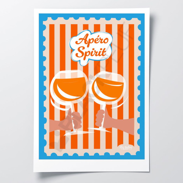 Les Timbrés Blackpeuf Apéro Spirit poster featuring two glasses of alcohol clinking together – colourful humorous poster