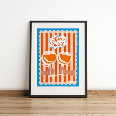 Affiche Les Timbrés Blackpeuf Apéro Spirit avec deux verres d’alcool qui trinquent – poster coloré humoristique