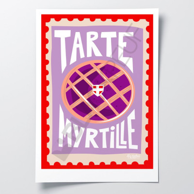 Les Timbrés Blackpeuf Blueberry Tart poster on purple background – colourful humorous poster for interior decoration