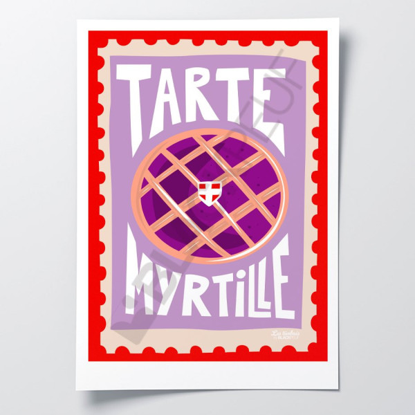 Les Timbrés Blackpeuf Blueberry Tart poster on purple background – colourful humorous poster for interior decoration