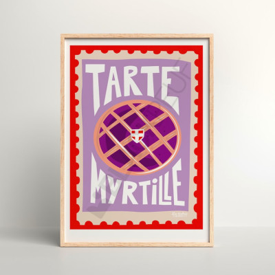Les Timbrés Blackpeuf Blueberry Tart poster on purple background – colourful humorous poster for interior decoration