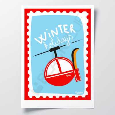 Affiche Les Timbrés Blackpeuf Télécabine rouge au ski – poster coloré humoristique pour décoration intérieure