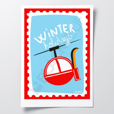Affiche Les Timbrés Blackpeuf Télécabine rouge au ski – poster coloré humoristique pour décoration intérieure