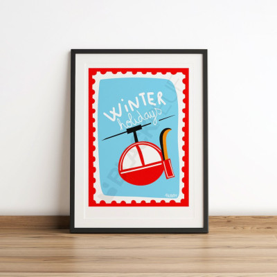 Affiche Les Timbrés Blackpeuf Télécabine rouge au ski – poster coloré humoristique pour décoration intérieure
