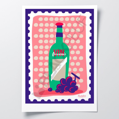 Poster Les Timbrés Blackpeuf Vin Français con bottiglia di vino e uva – poster colorato e divertente